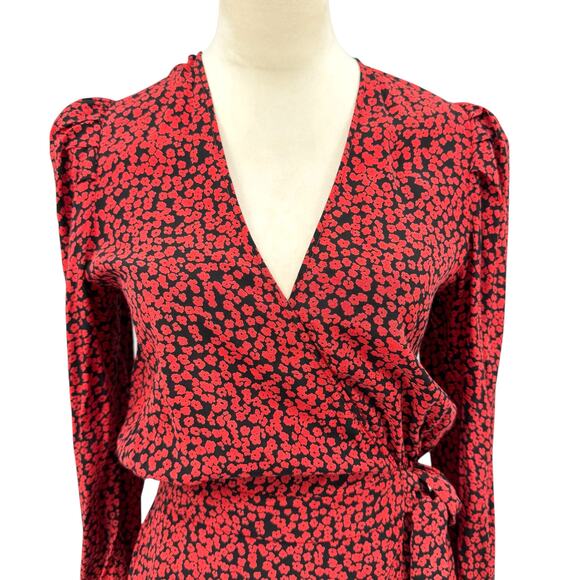 Free People Kinsley Red & Black Floral Print V-neck Long Sleeve Mini Wrap Dress - Picture 6 of 15